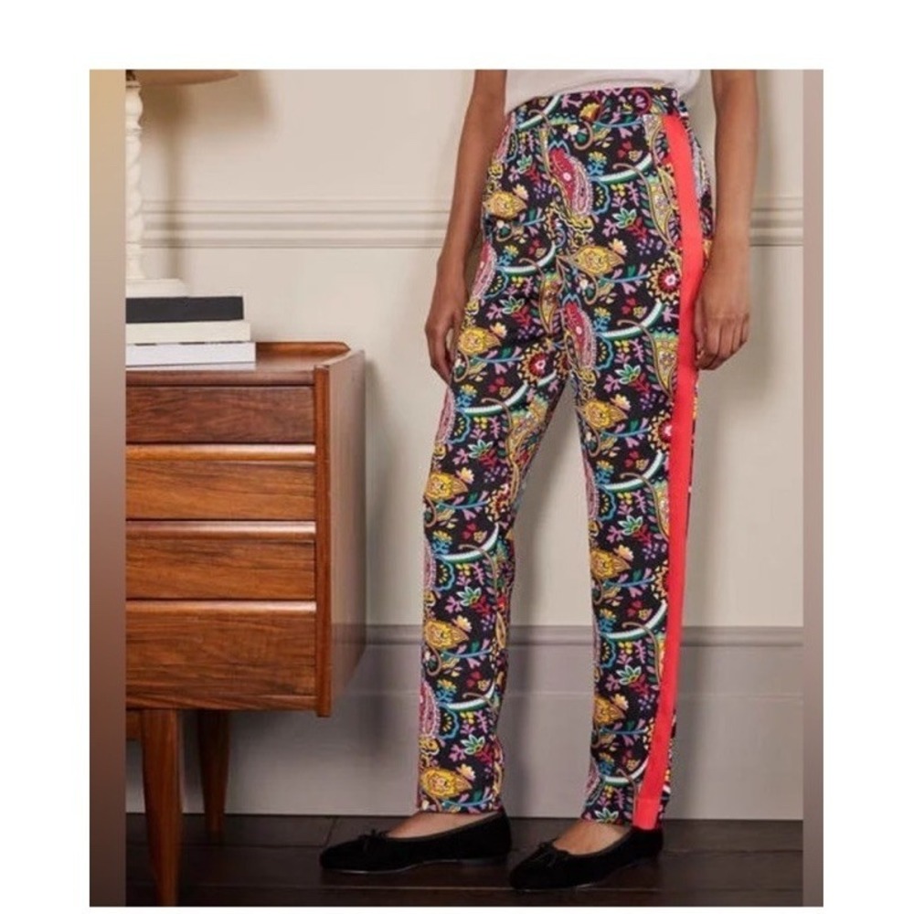 Boden Ludlow Satin Trousers Womens Size 14 Paisley Side Stripe Soft Multicolor